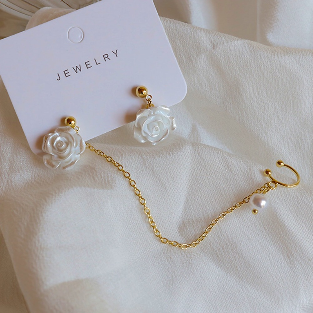 Sweet White Rose Earrings With Attached Ear Cuff